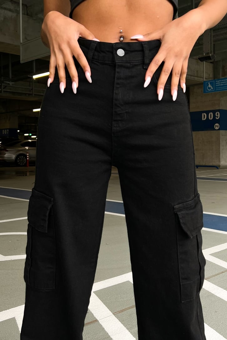 Kargo Cepli Siyah Baggy Jean
