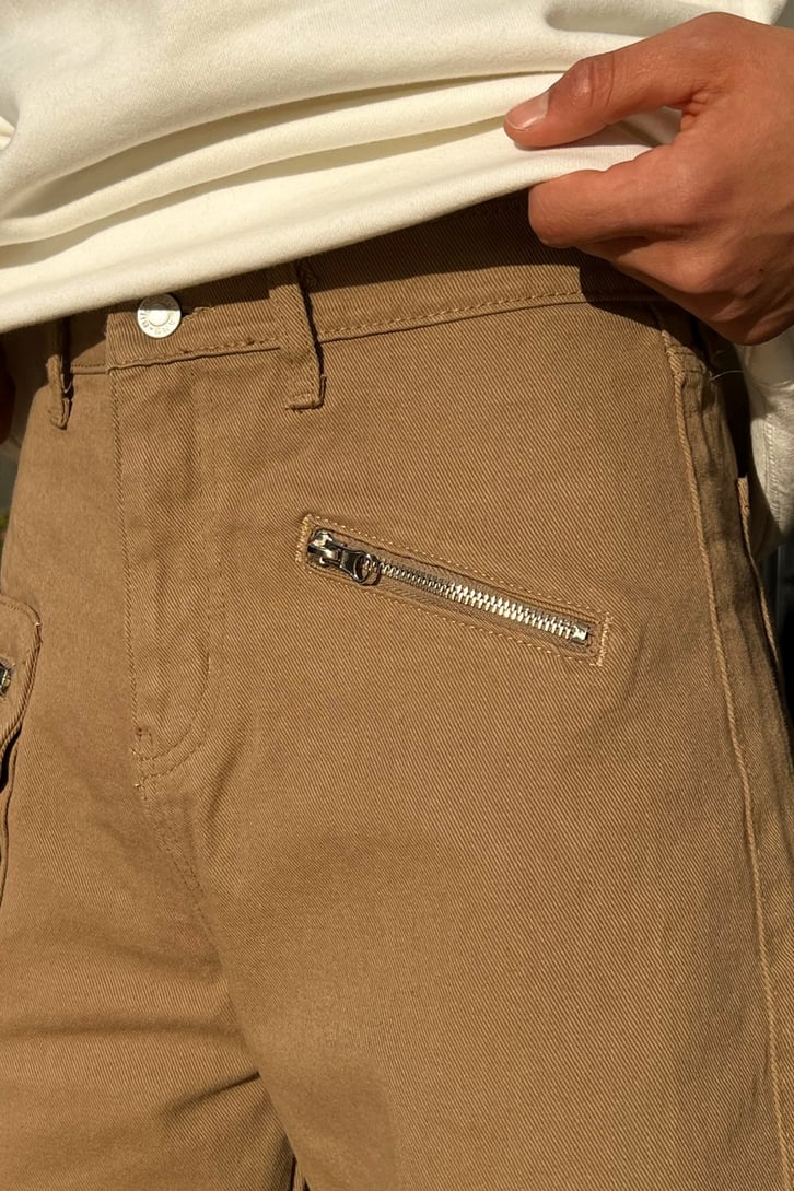 Kargo Cepli Sütlü Kahve Zipper Baggy Jean