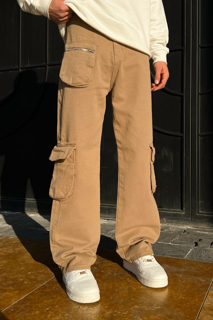 Kargo Cepli Sütlü Kahve Zipper Baggy Jean