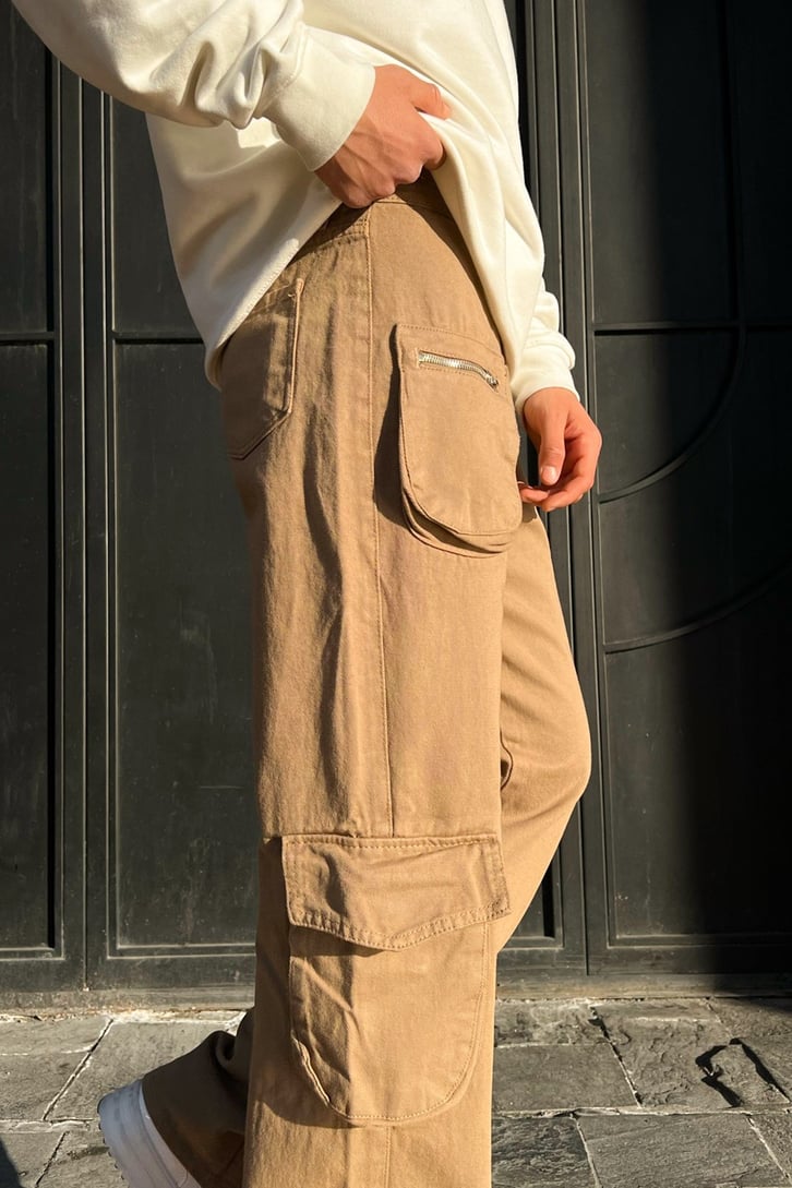 Kargo Cepli Sütlü Kahve Zipper Baggy Jean