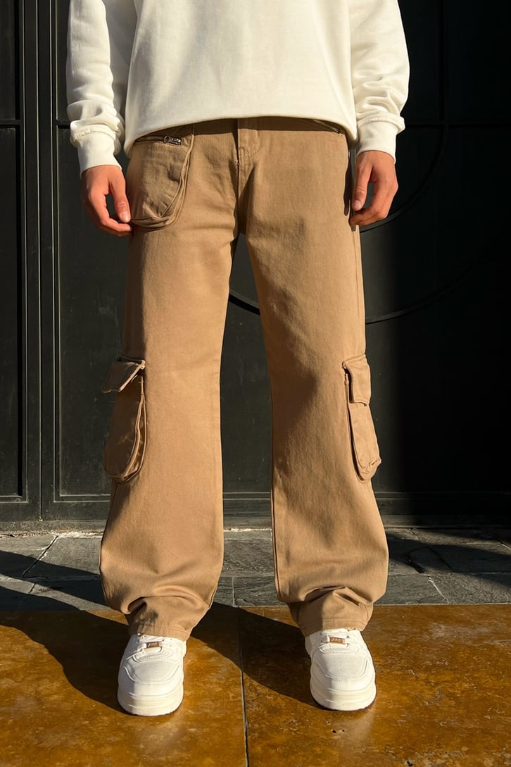 Kargo Cepli Sütlü Kahve Zipper Baggy Jean