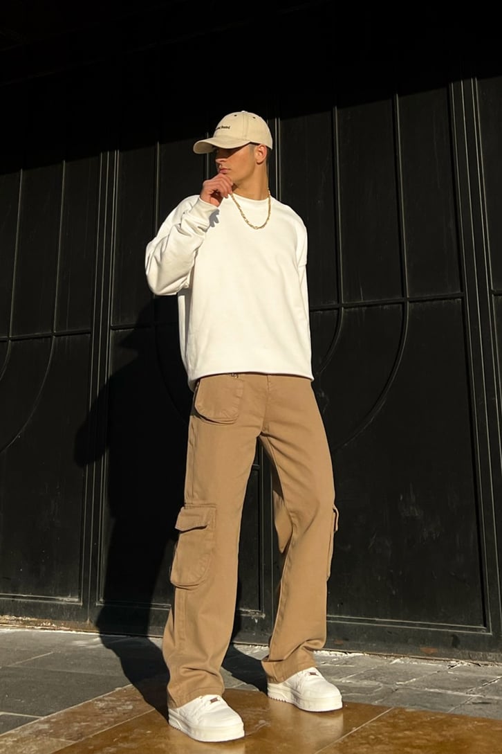 Kargo Cepli Sütlü Kahve Zipper Baggy Jean