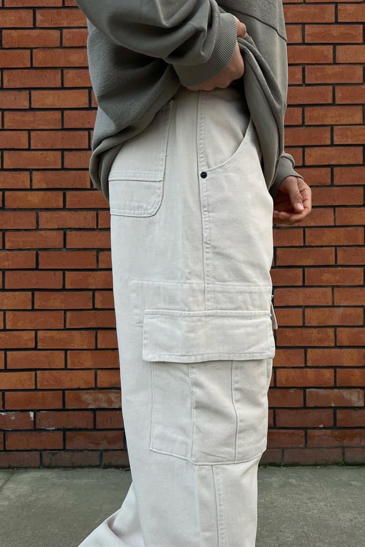 Kargo Cepli Taş Rengi Baggy Jean
