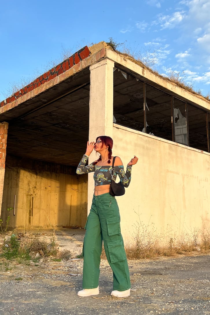 Kargo Cepli Yeşil Baggy Jean