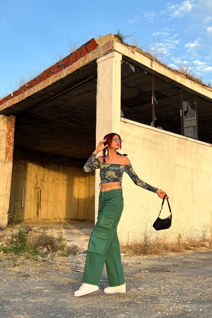 Kargo Cepli Yeşil Baggy Jean