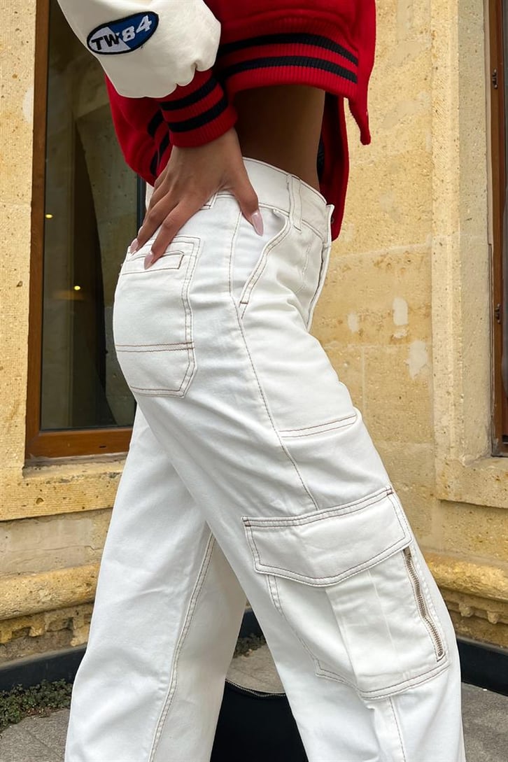 Kargo Cepli Zipper Ekru Baggy Jean