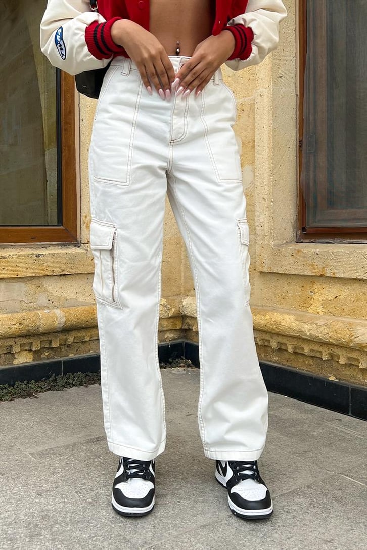 Kargo Cepli Zipper Ekru Baggy Jean