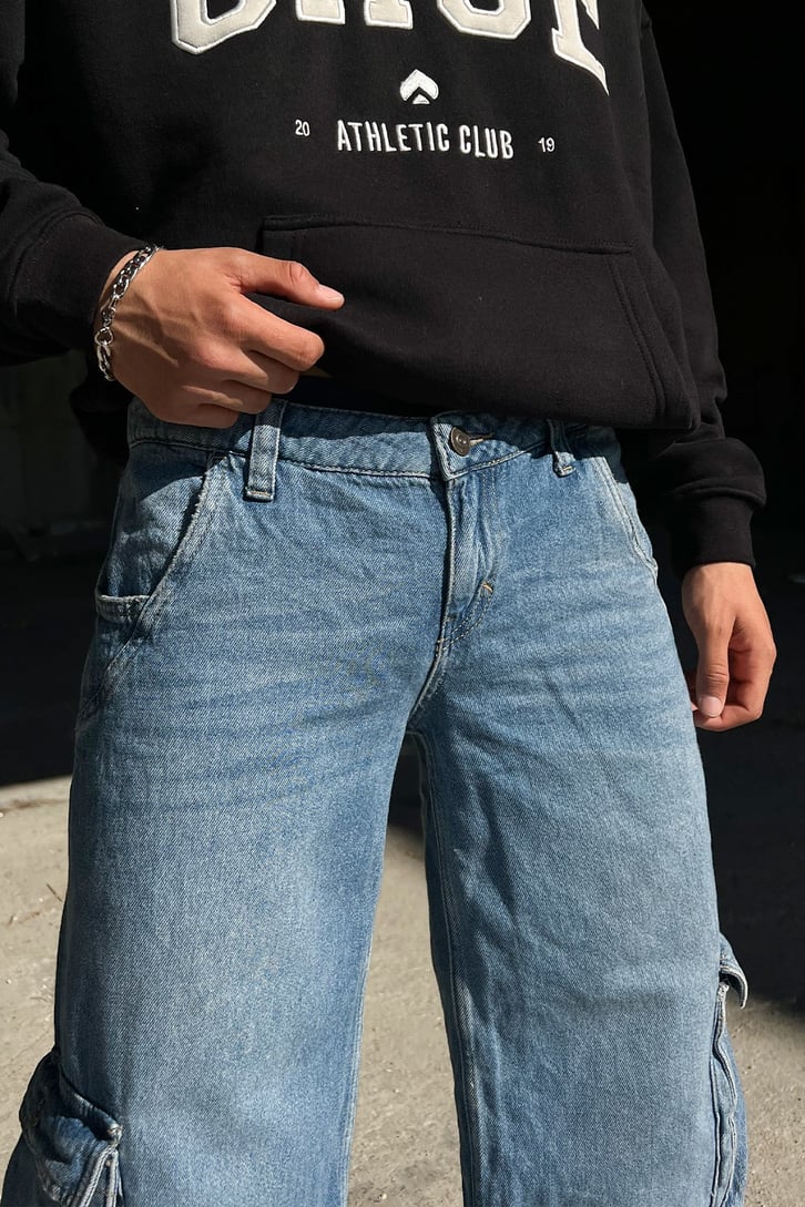 Kargo Cepli Zipper Mavi Baggy Jean