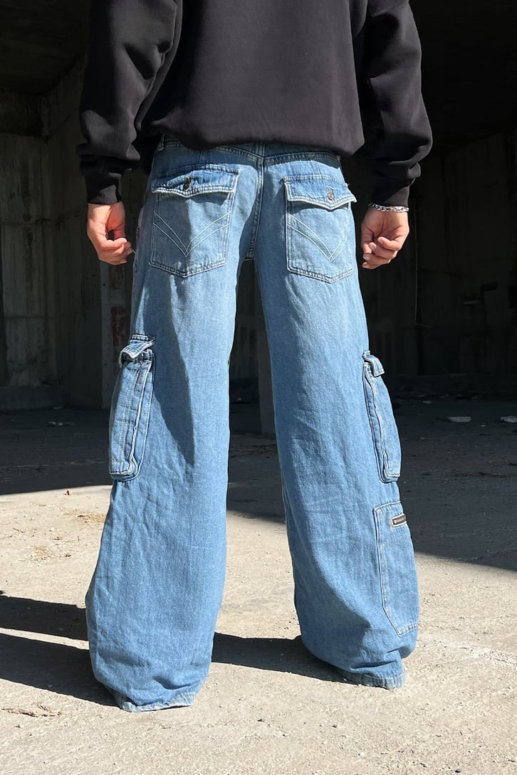 Kargo Cepli Zipper Mavi Baggy Jean