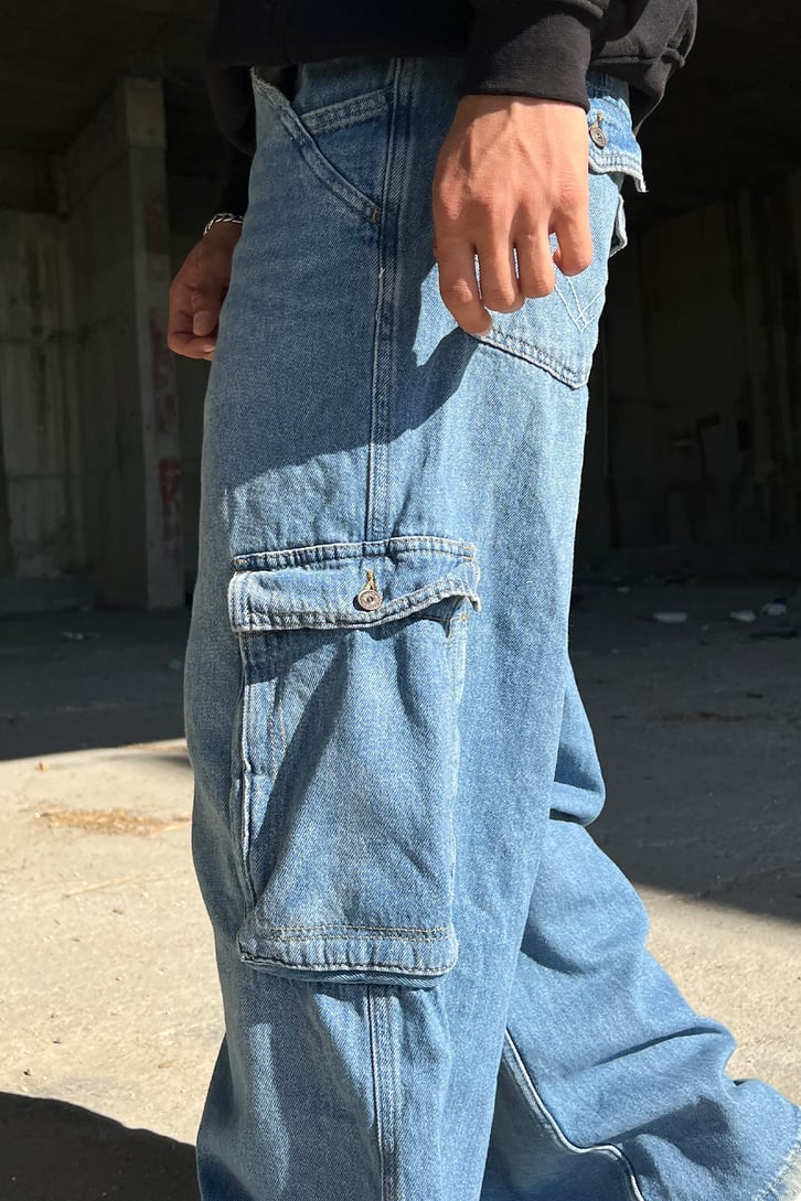 Kargo Cepli Zipper Mavi Baggy Jean