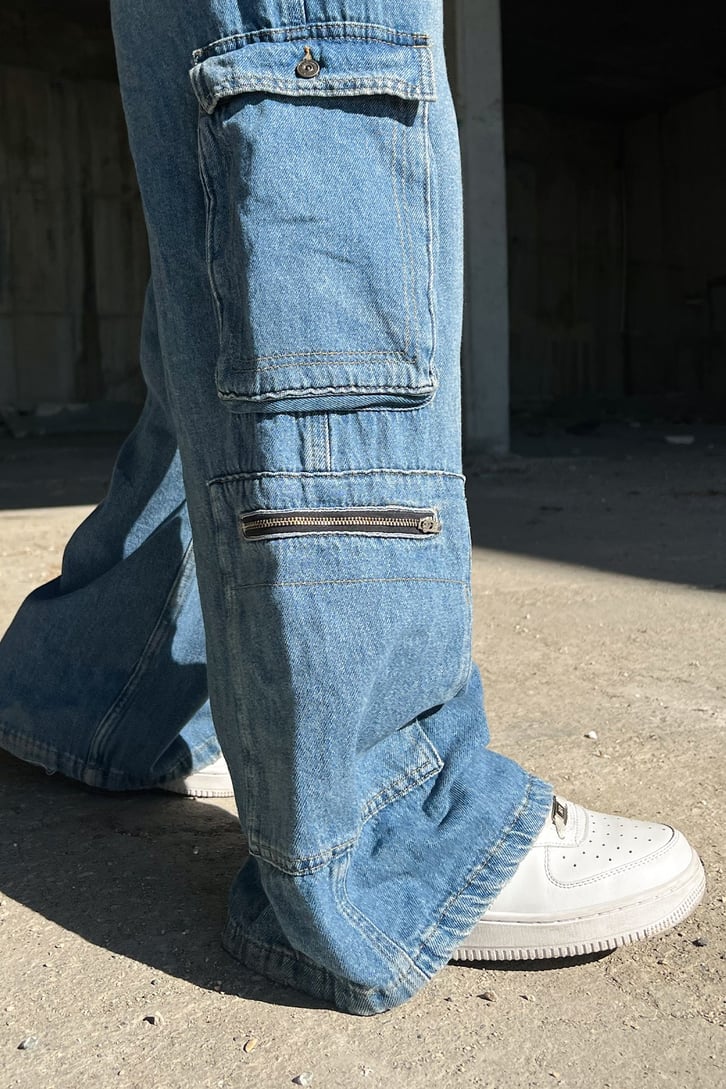 Kargo Cepli Zipper Mavi Baggy Jean