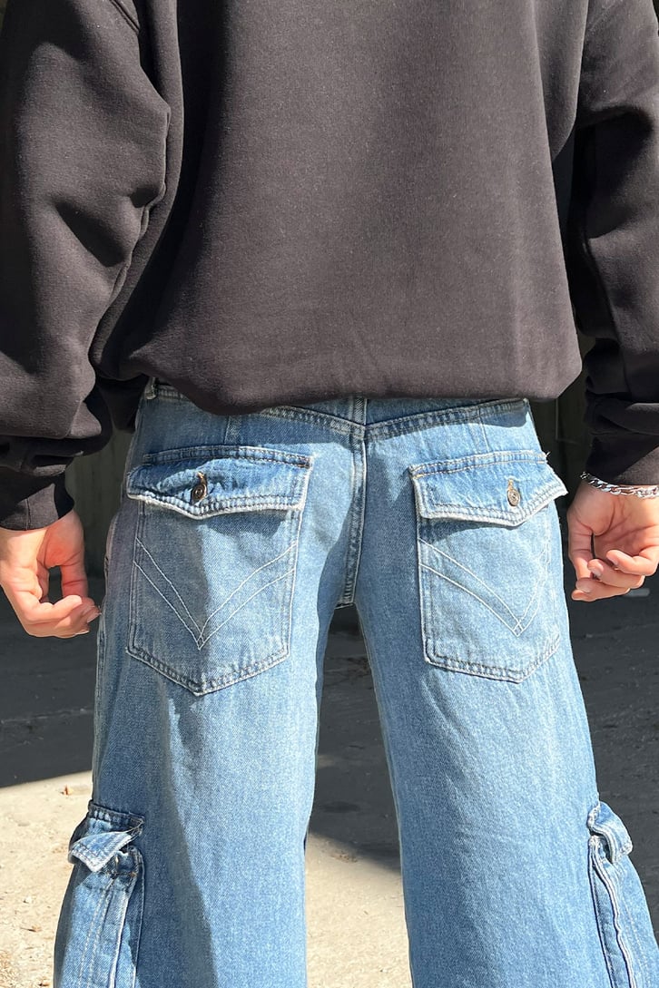 Kargo Cepli Zipper Mavi Baggy Jean