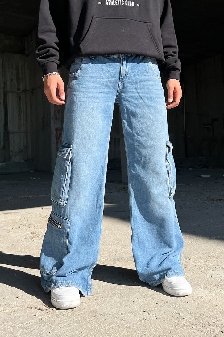Kargo Cepli Zipper Mavi Baggy Jean