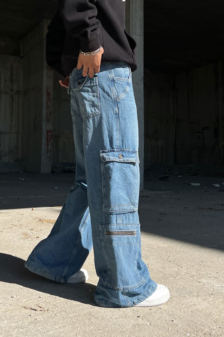 Kargo Cepli Zipper Mavi Baggy Jean