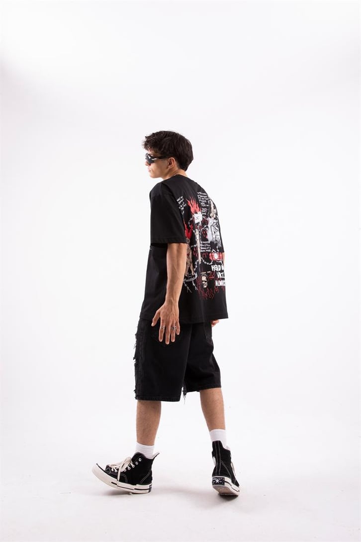Keep Walking Baskılı Siyah Oversize Tshirt