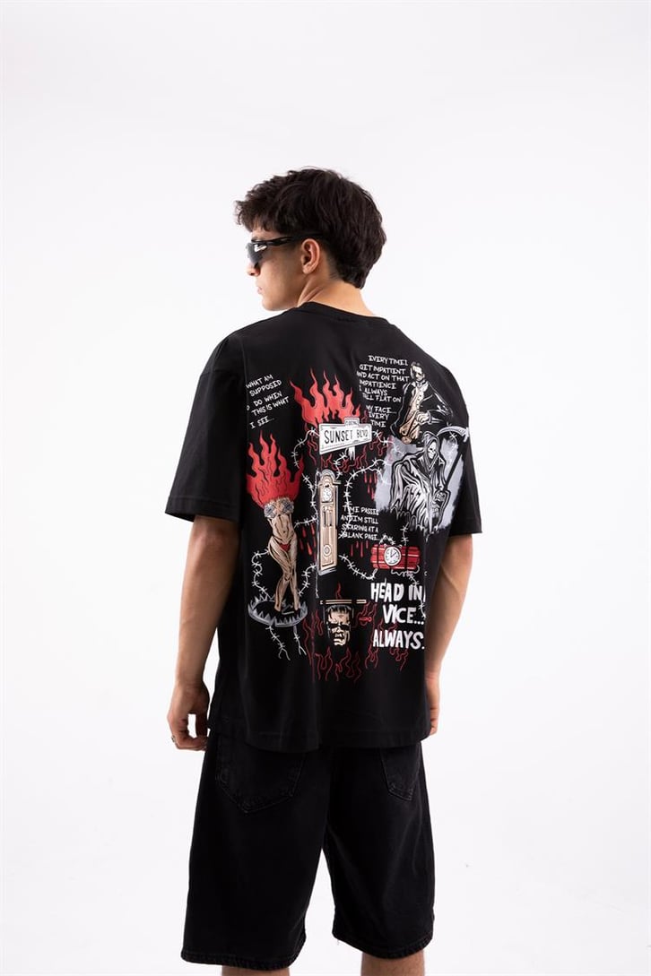Keep Walking Baskılı Siyah Oversize Tshirt