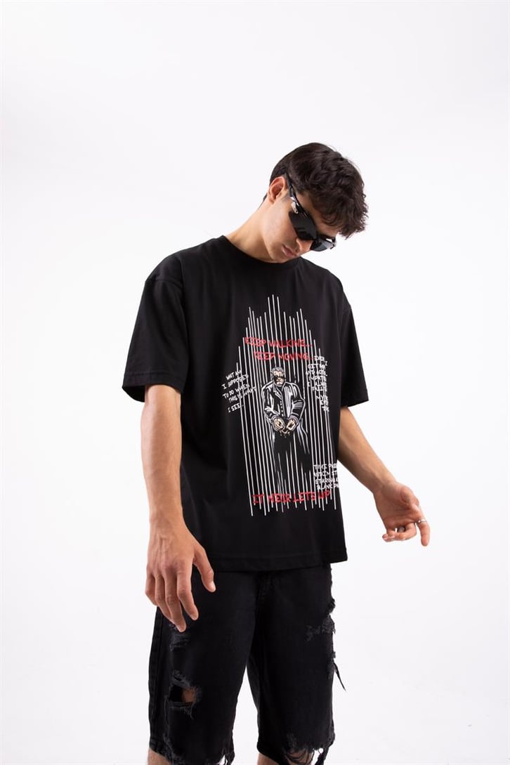 Keep Walking Baskılı Siyah Oversize Tshirt