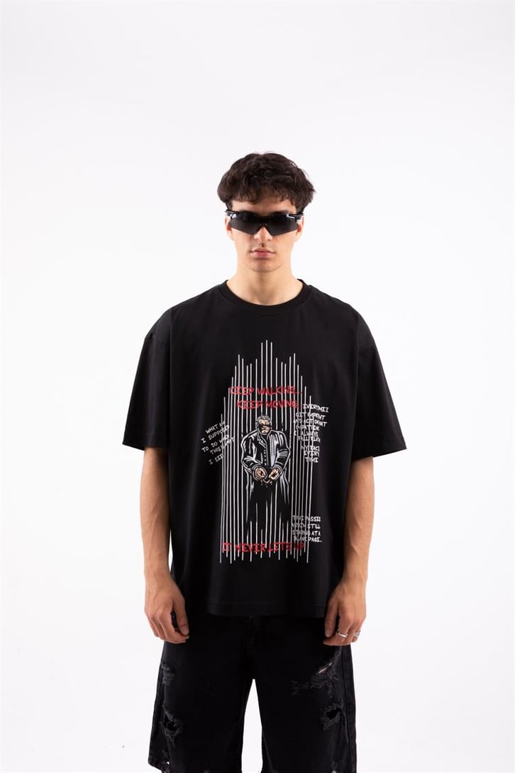 Keep Walking Baskılı Siyah Oversize Tshirt