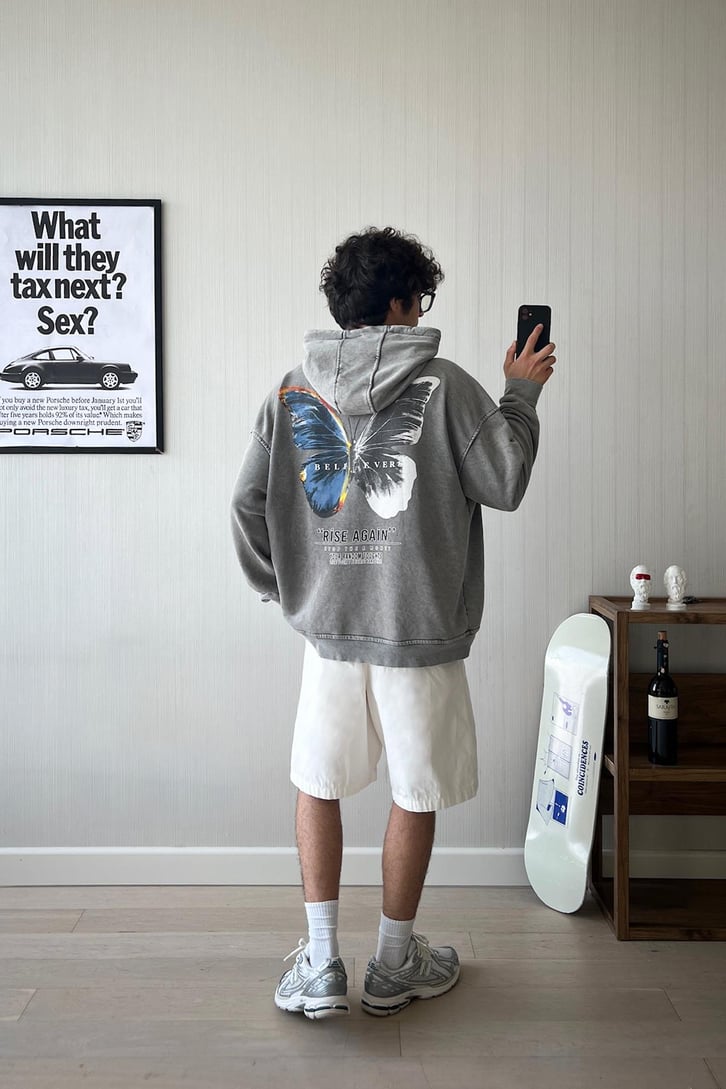 Kelebek Baskılı Oversize Hoodie