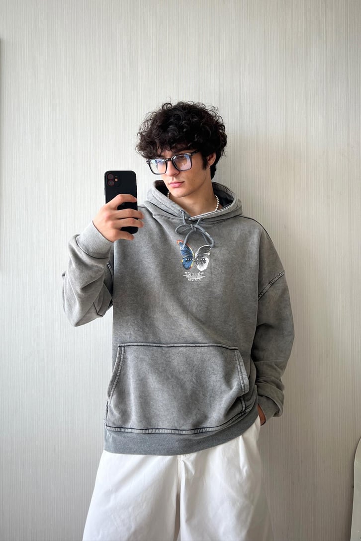 Kelebek Baskılı Oversize Hoodie