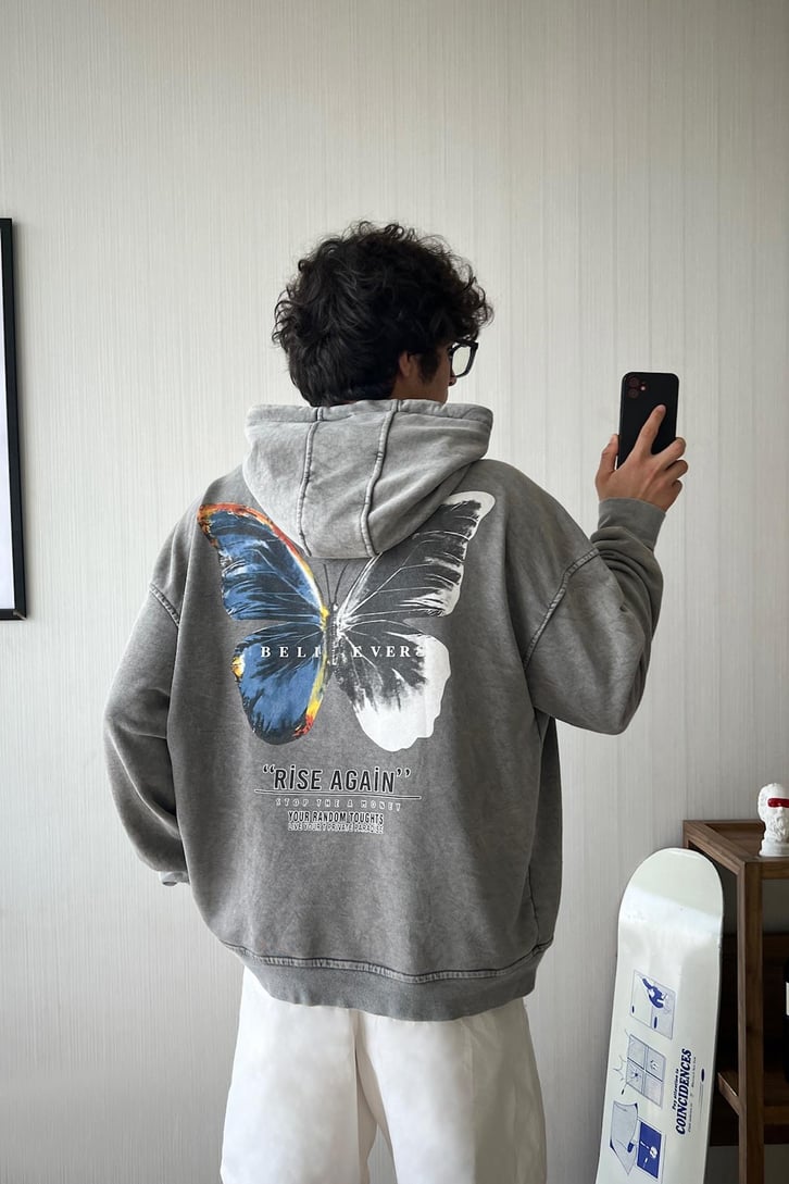 Kelebek Baskılı Oversize Hoodie