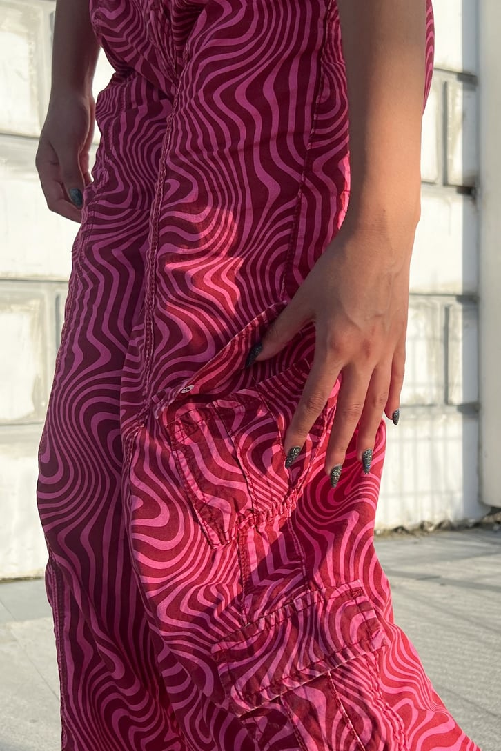 Kesik Paça Kargo Cepli Pembe Baggy Pantolon
