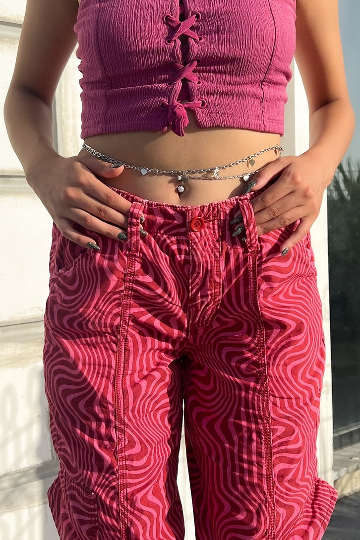 Kesik Paça Kargo Cepli Pembe Baggy Pantolon