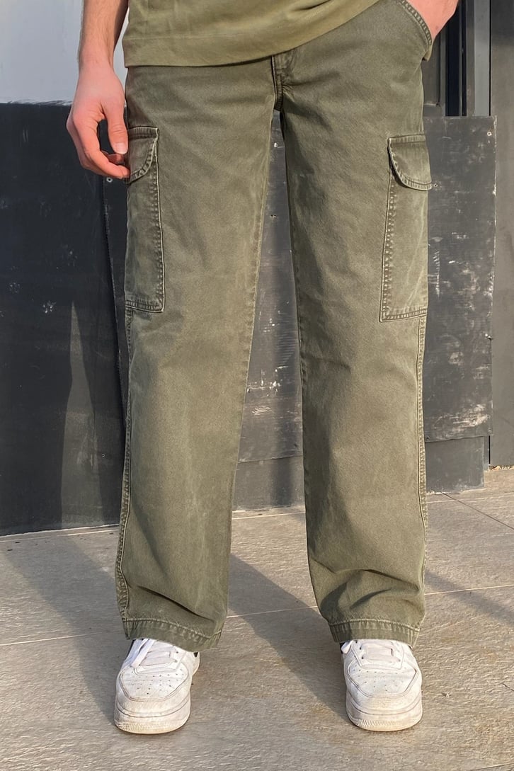 Khaki Cargo Pocket Acid Wash Baggy Pant