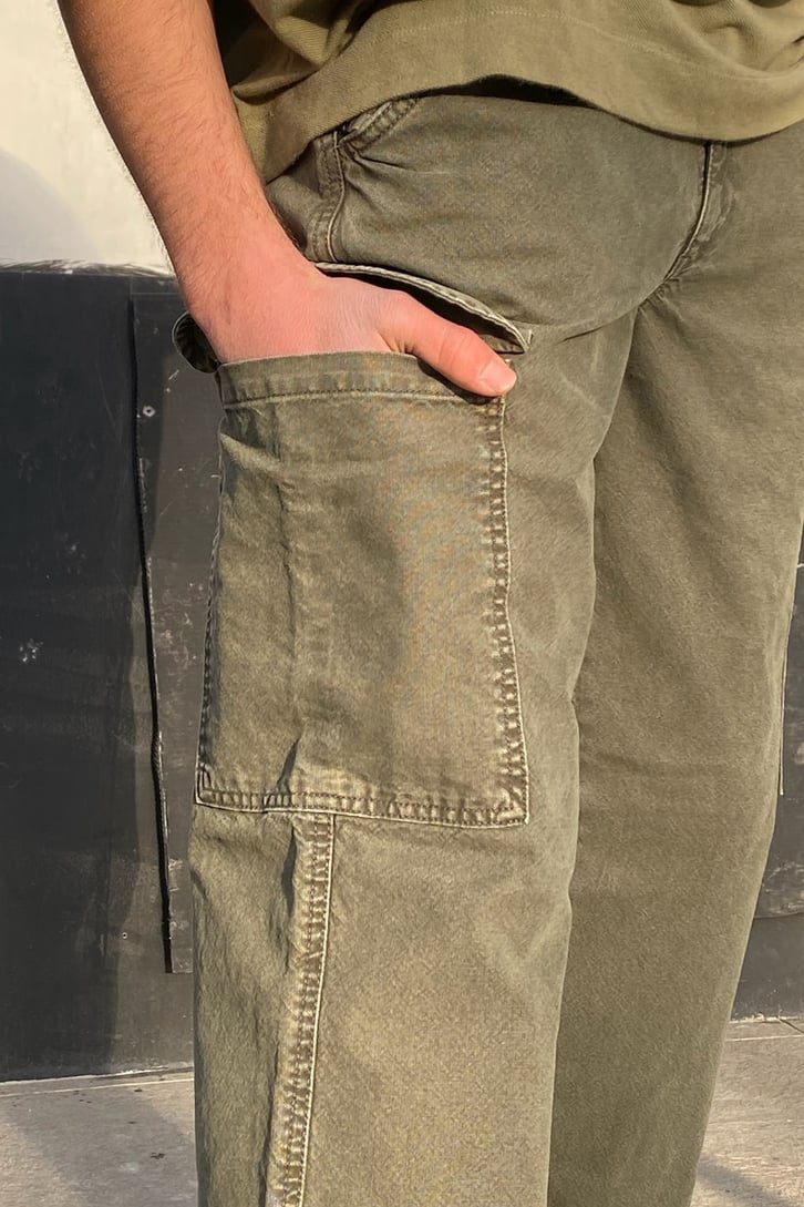 Khaki Cargo Pocket Acid Wash Baggy Pant