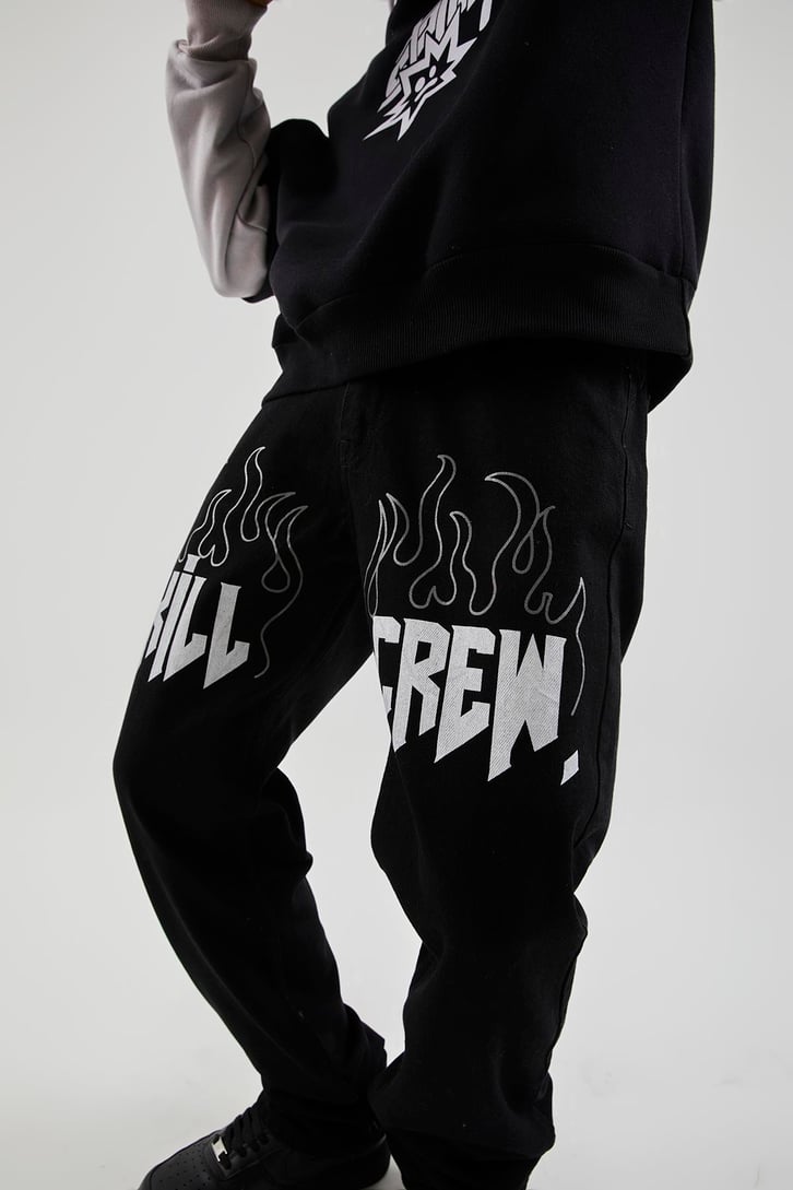 Kill Crew Baskılı Siyah Baggy Pantolon