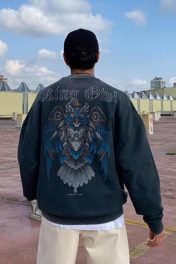King Owl Oversize Acid Wash Sweatshirt