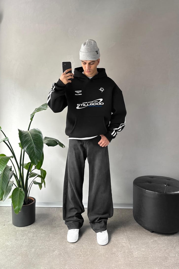 Kol Biye Geçişli Baskılı Siyah Oversize Hoodie