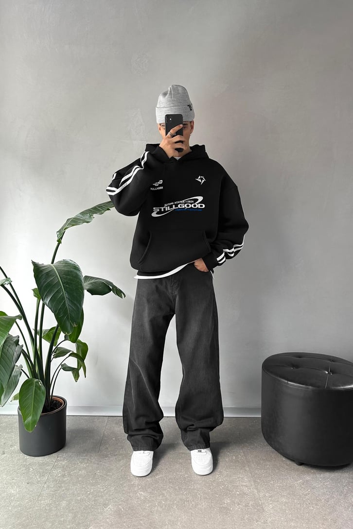 Kol Biye Geçişli Baskılı Siyah Oversize Hoodie