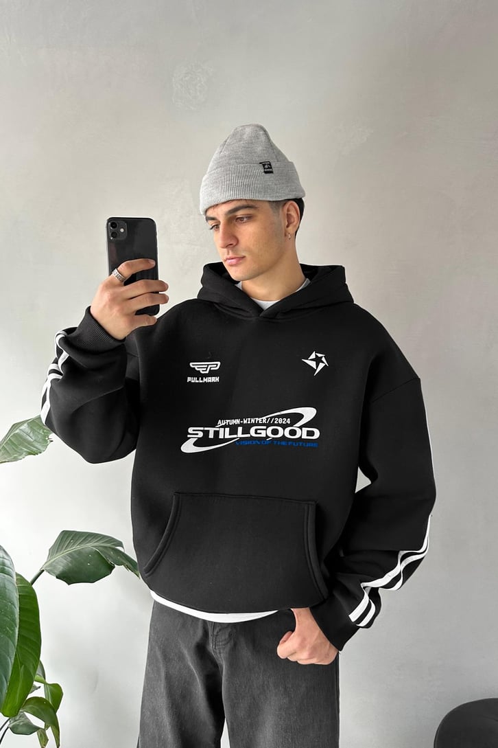 Kol Biye Geçişli Baskılı Siyah Oversize Hoodie