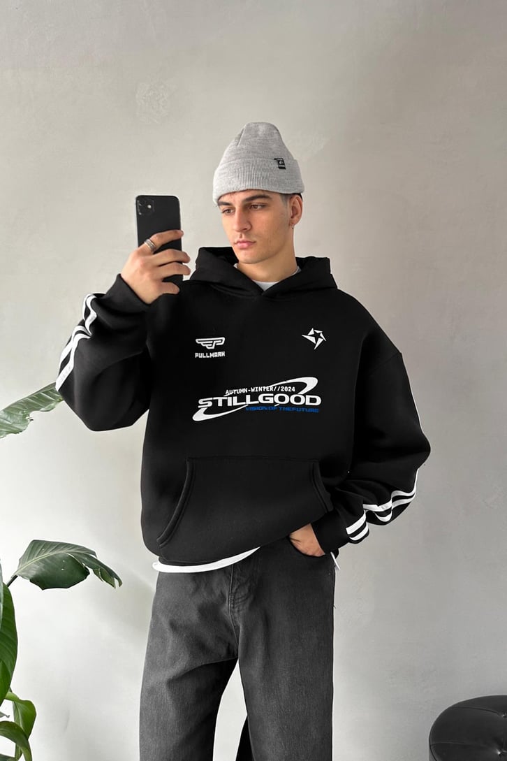 Kol Biye Geçişli Baskılı Siyah Oversize Hoodie