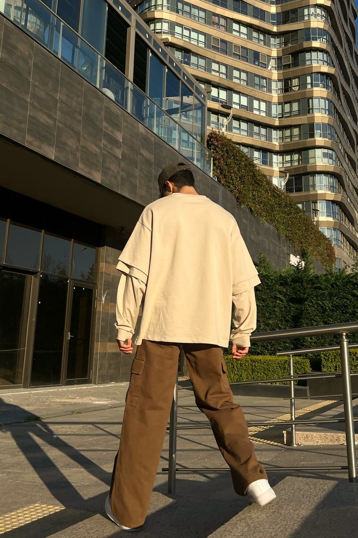 Kol Detaylì Bej Oversize Sweatshirt