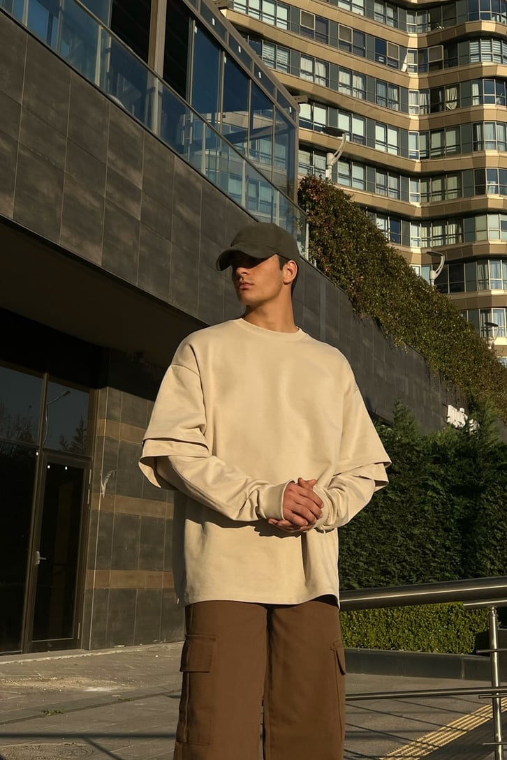 Kol Detaylì Bej Oversize Sweatshirt