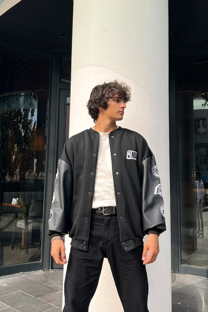 Kol Patch Detay Siyah Kolej Ceket