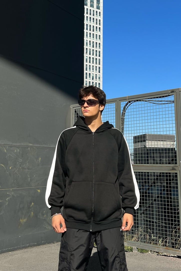Kol Şeritli Zip Oversize Sweatshirt