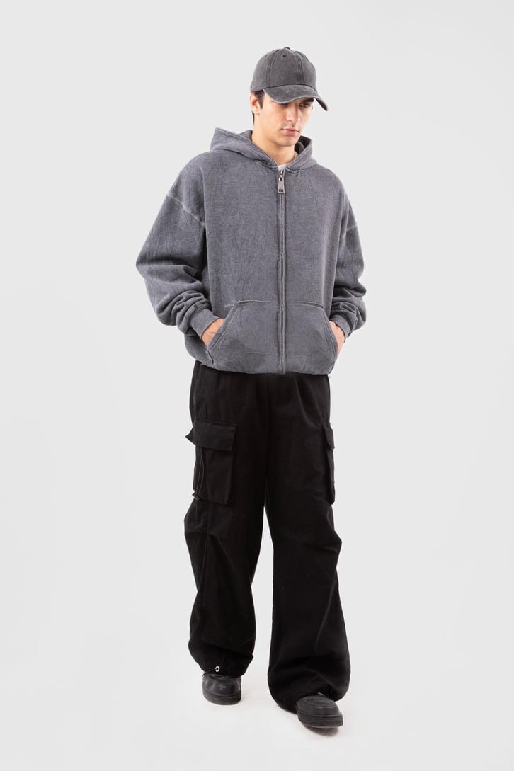 Kontrast Dikiş Acid Wash Oversize Zip Hoodie