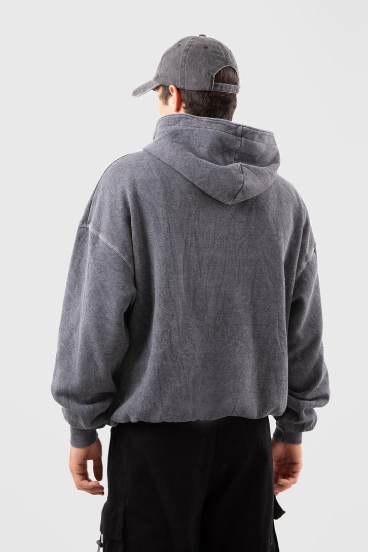 Kontrast Dikiş Acid Wash Oversize Zip Hoodie