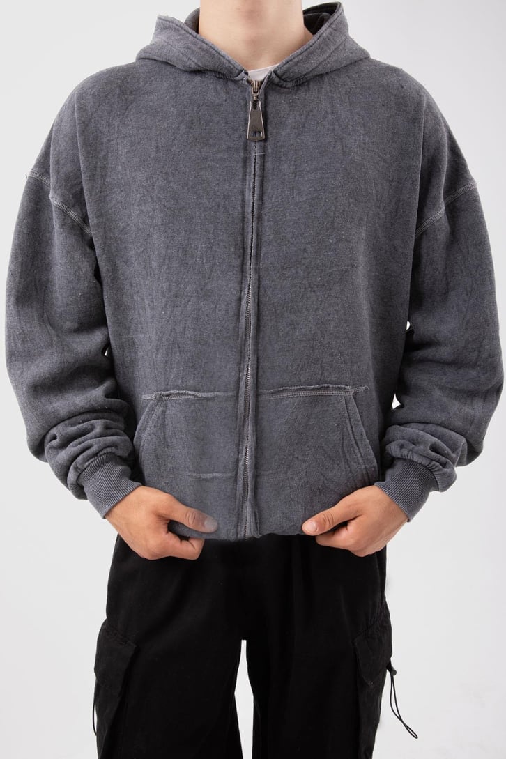 Kontrast Dikiş Acid Wash Oversize Zip Hoodie
