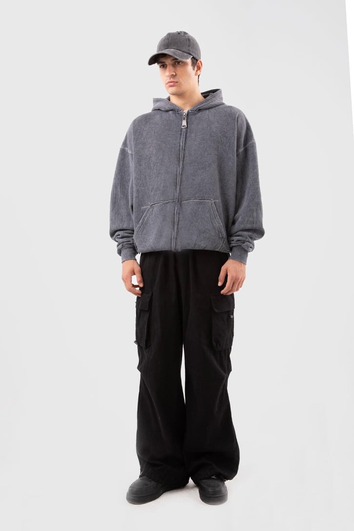 Kontrast Dikiş Acid Wash Oversize Zip Hoodie