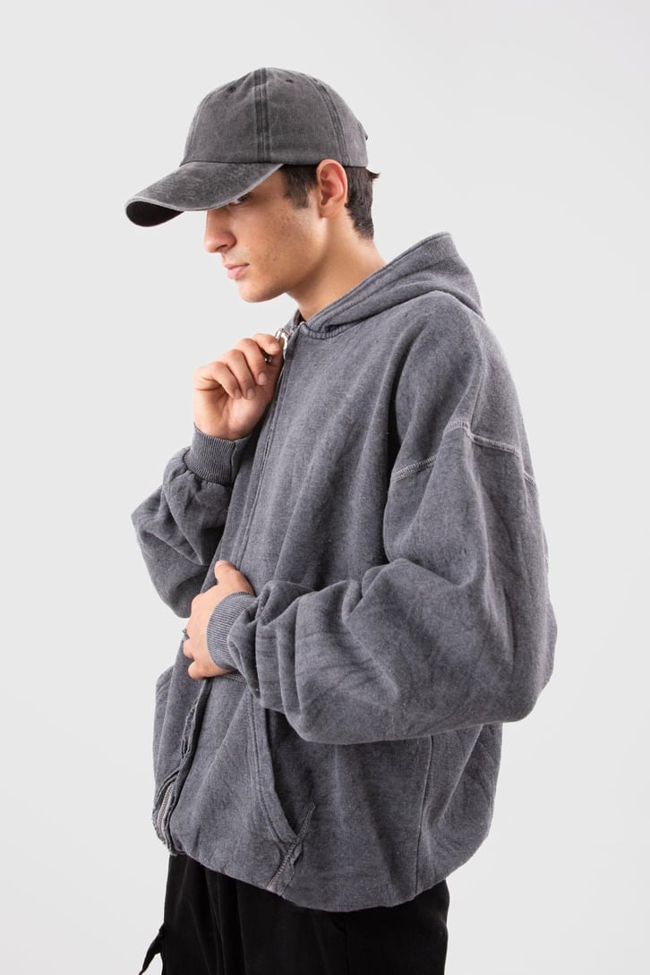 Kontrast Dikiş Acid Wash Oversize Zip Hoodie