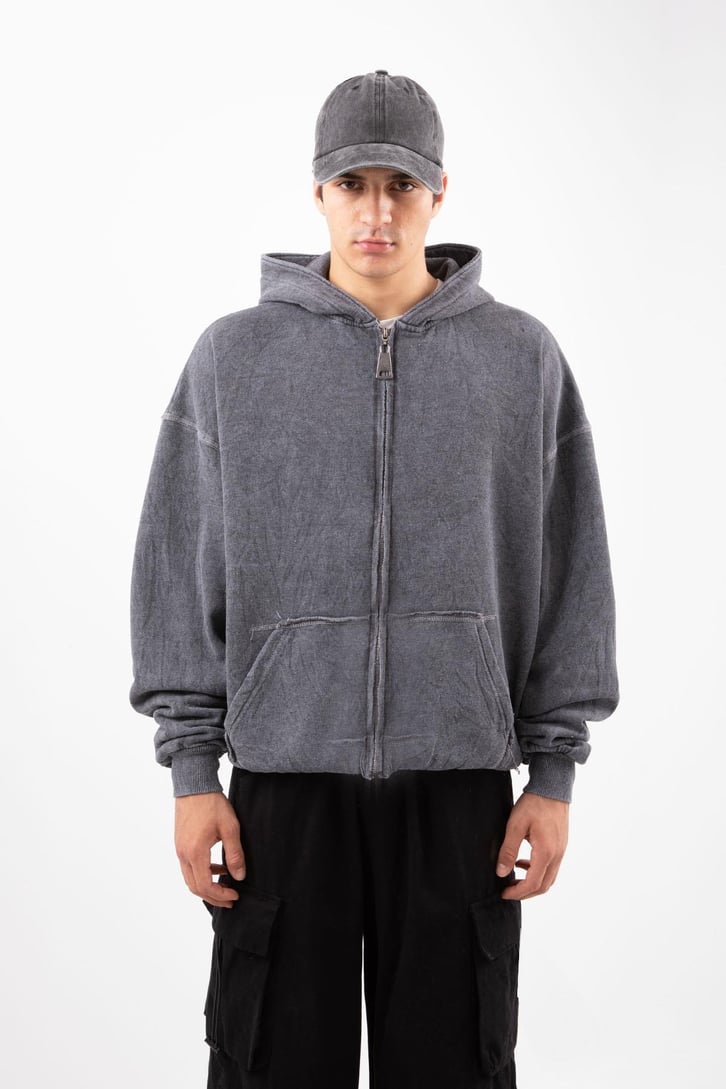 Kontrast Dikiş Acid Wash Oversize Zip Hoodie