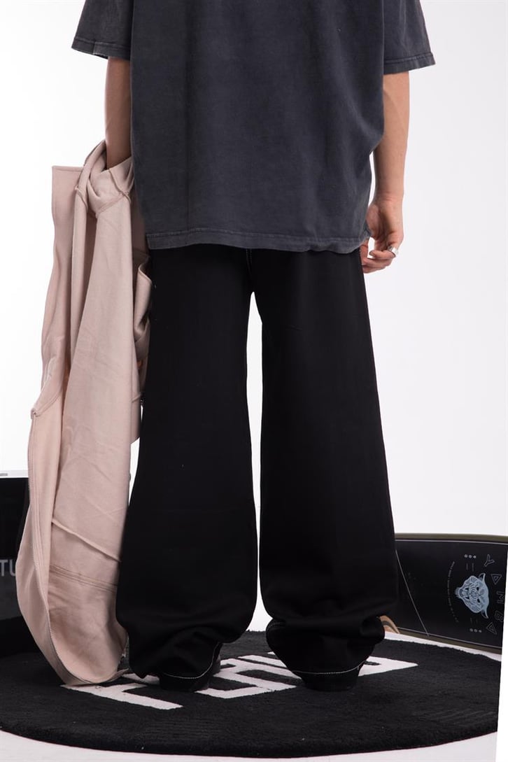 Kontrast Dikiş Bel Lastikli Siyah Baggy Jean