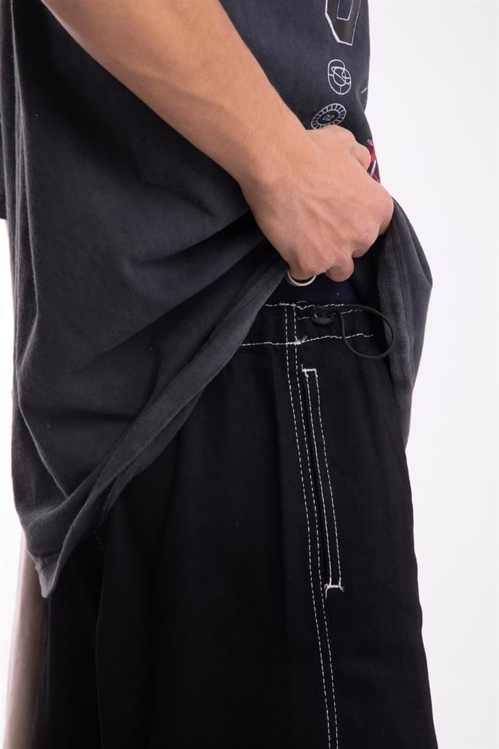 Kontrast Dikiş Bel Lastikli Siyah Baggy Jean