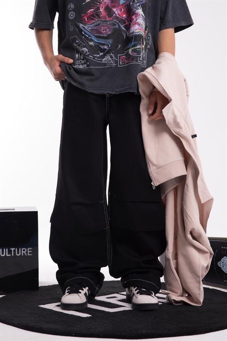 Kontrast Dikiş Bel Lastikli Siyah Baggy Jean