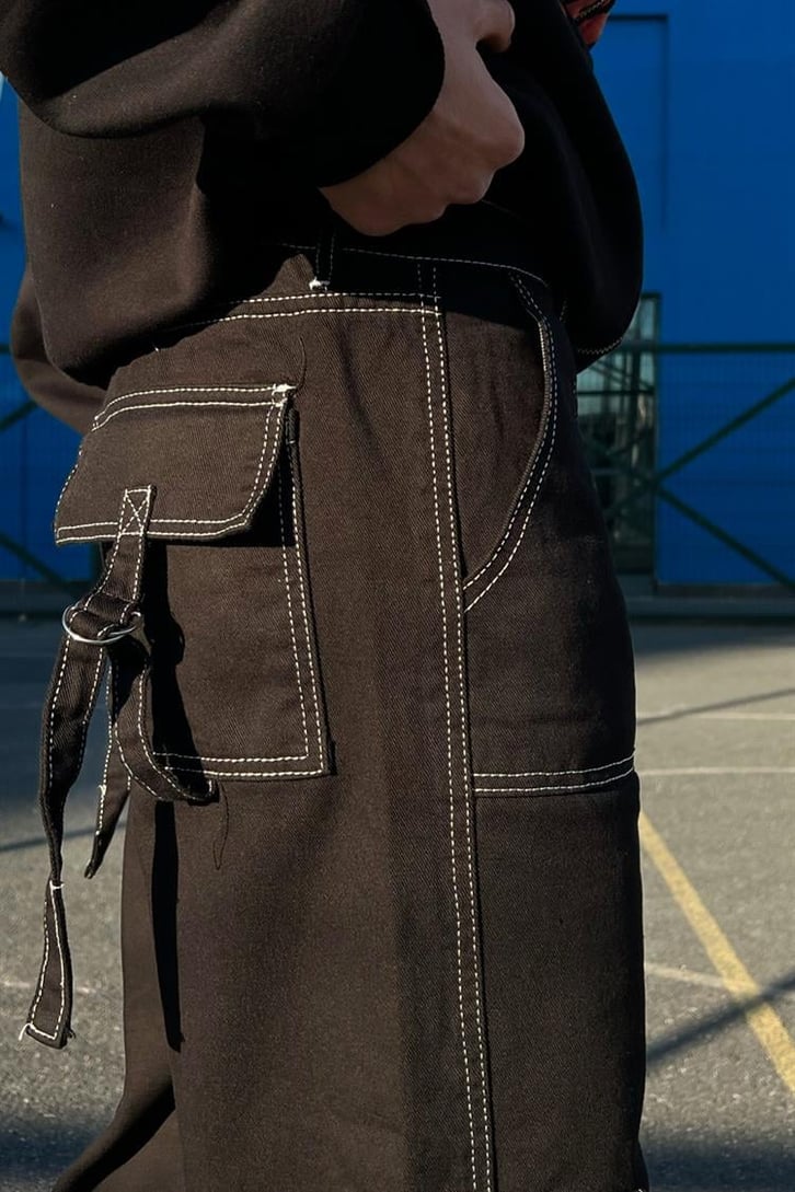 Kontrast Dikiş Cepli Siyah Baggy Jean