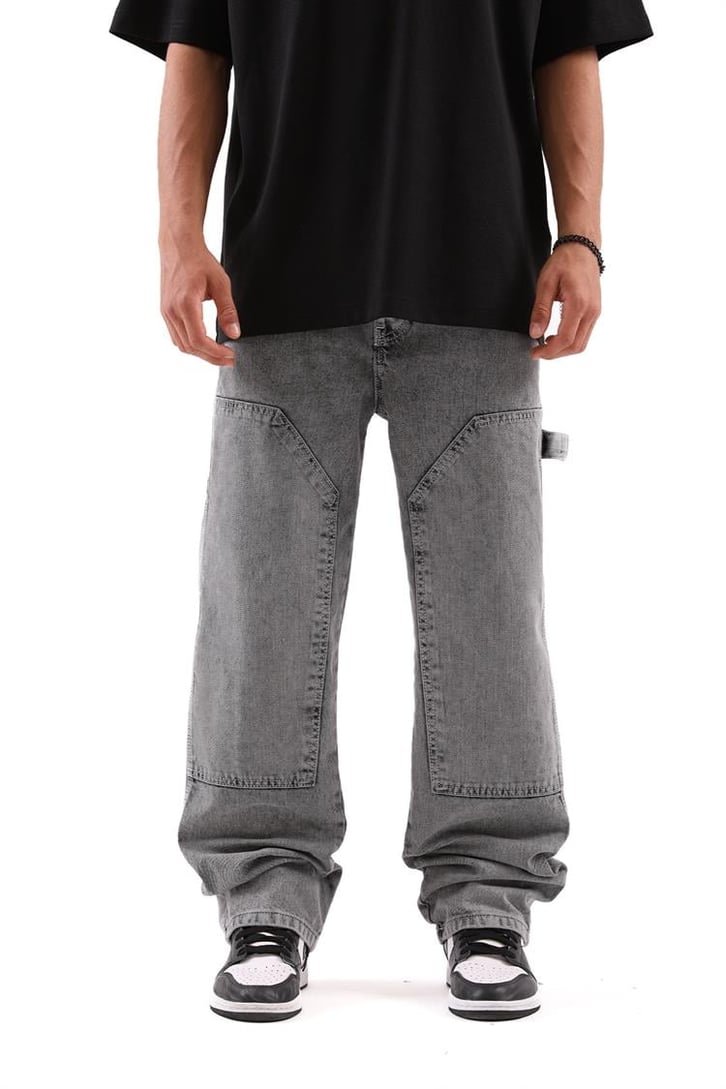 Kontrast Dikiş Detaylı Acid Wash Baggy Jean